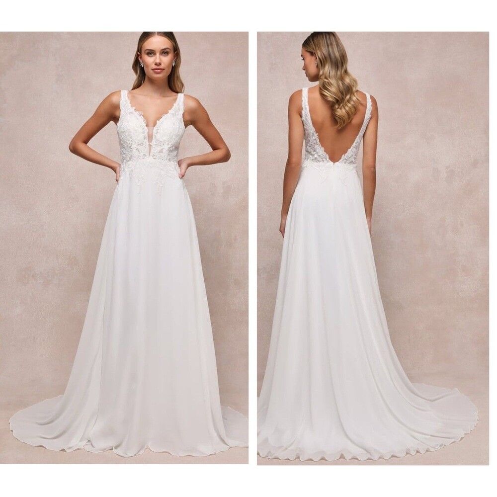 Lulus Forever Promised White Chiffon Embroidered Sequin Maxi Dress Size Medium
